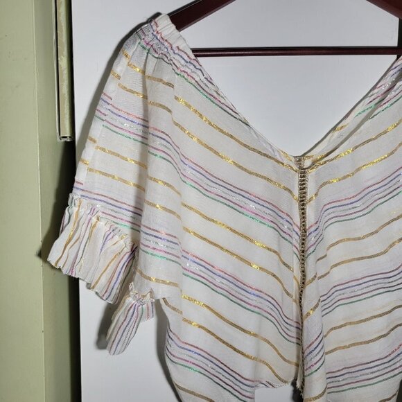 ❤ 3 For $35 Revolve Saylor metallic stripe  ruffle crop short sleeve blouse xs - Picture 5 of 15
